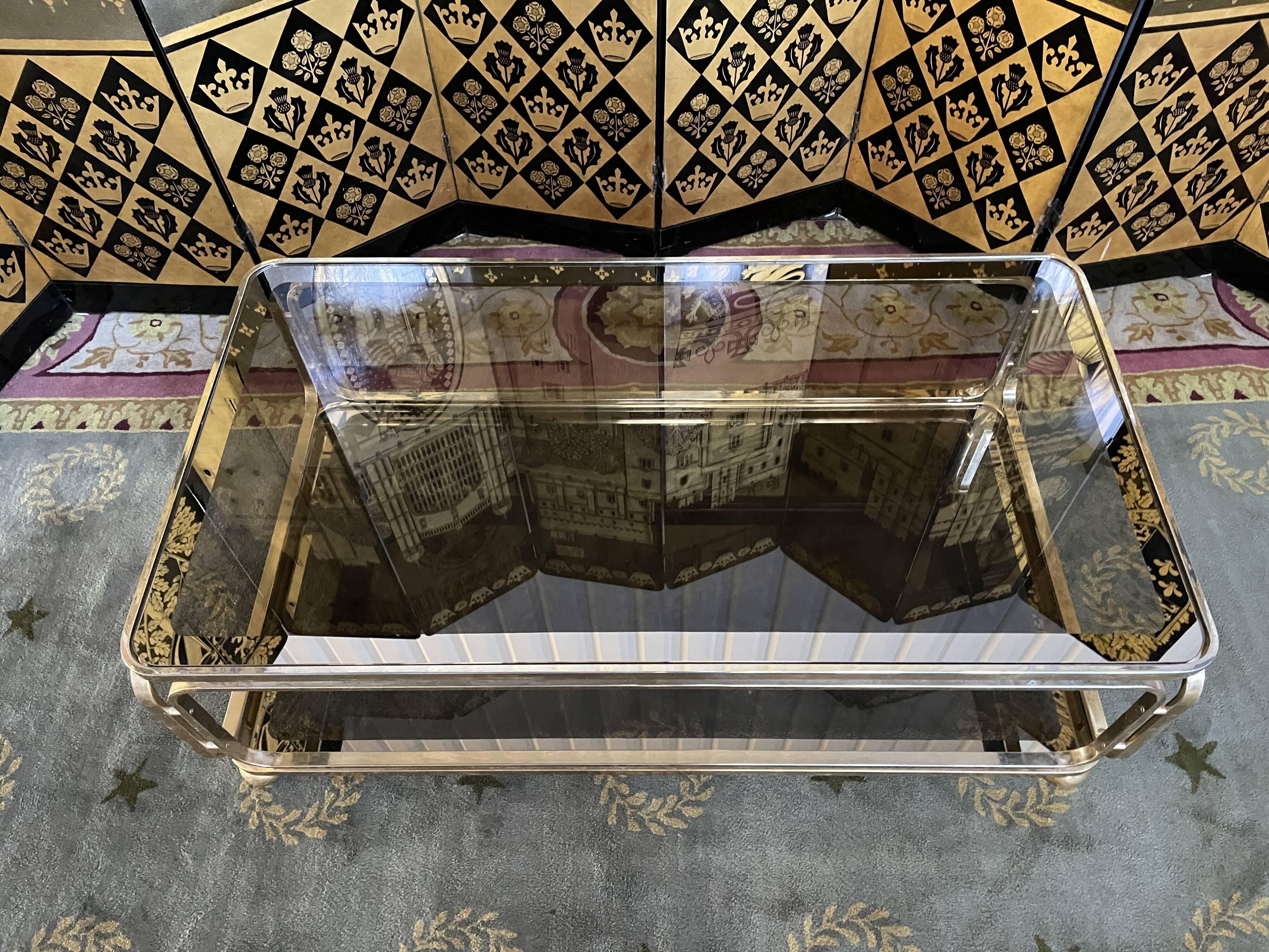 Coffee table in gilded metal and mirror glass with double top 1980