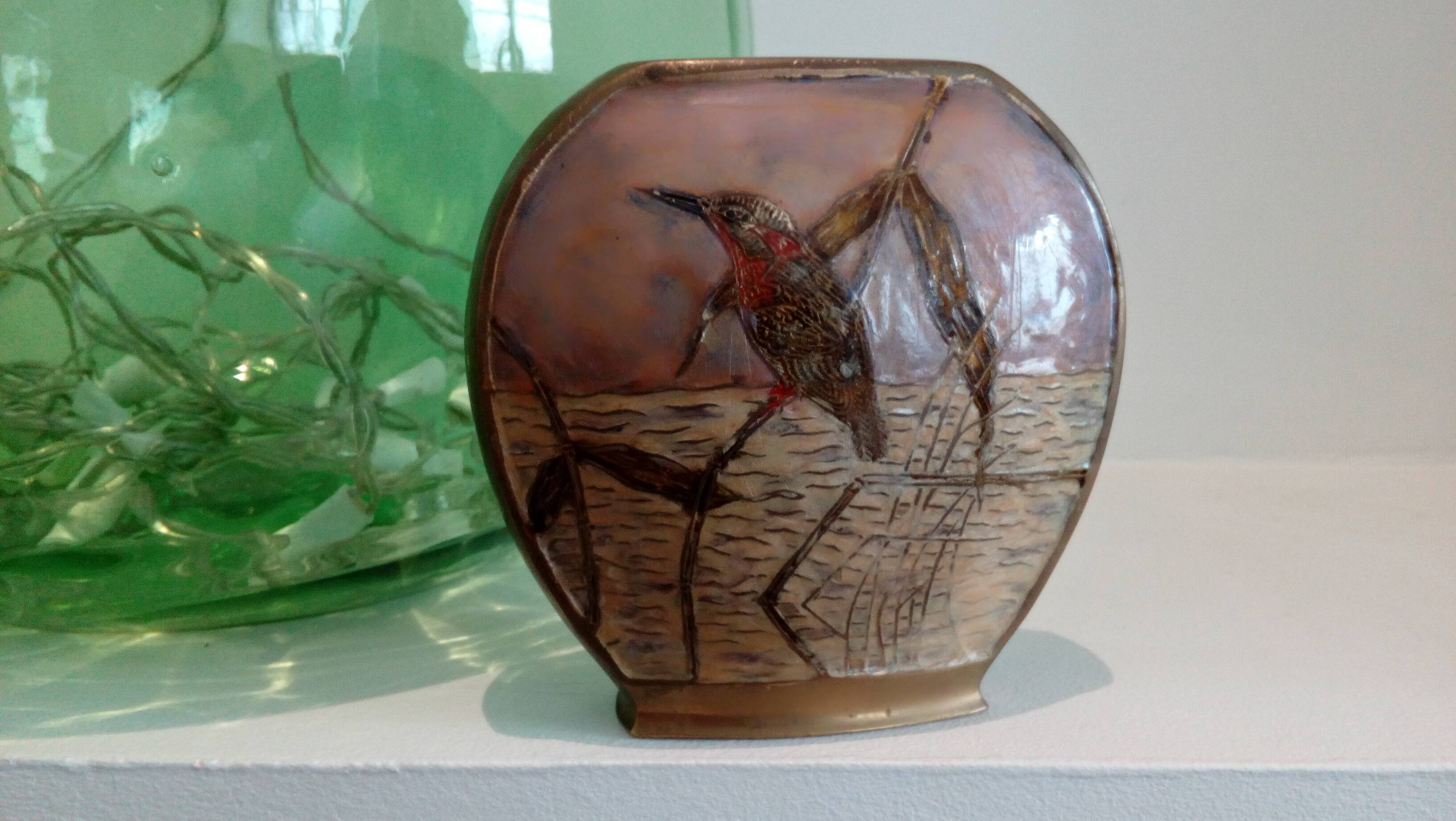 Brass vase with bird décor