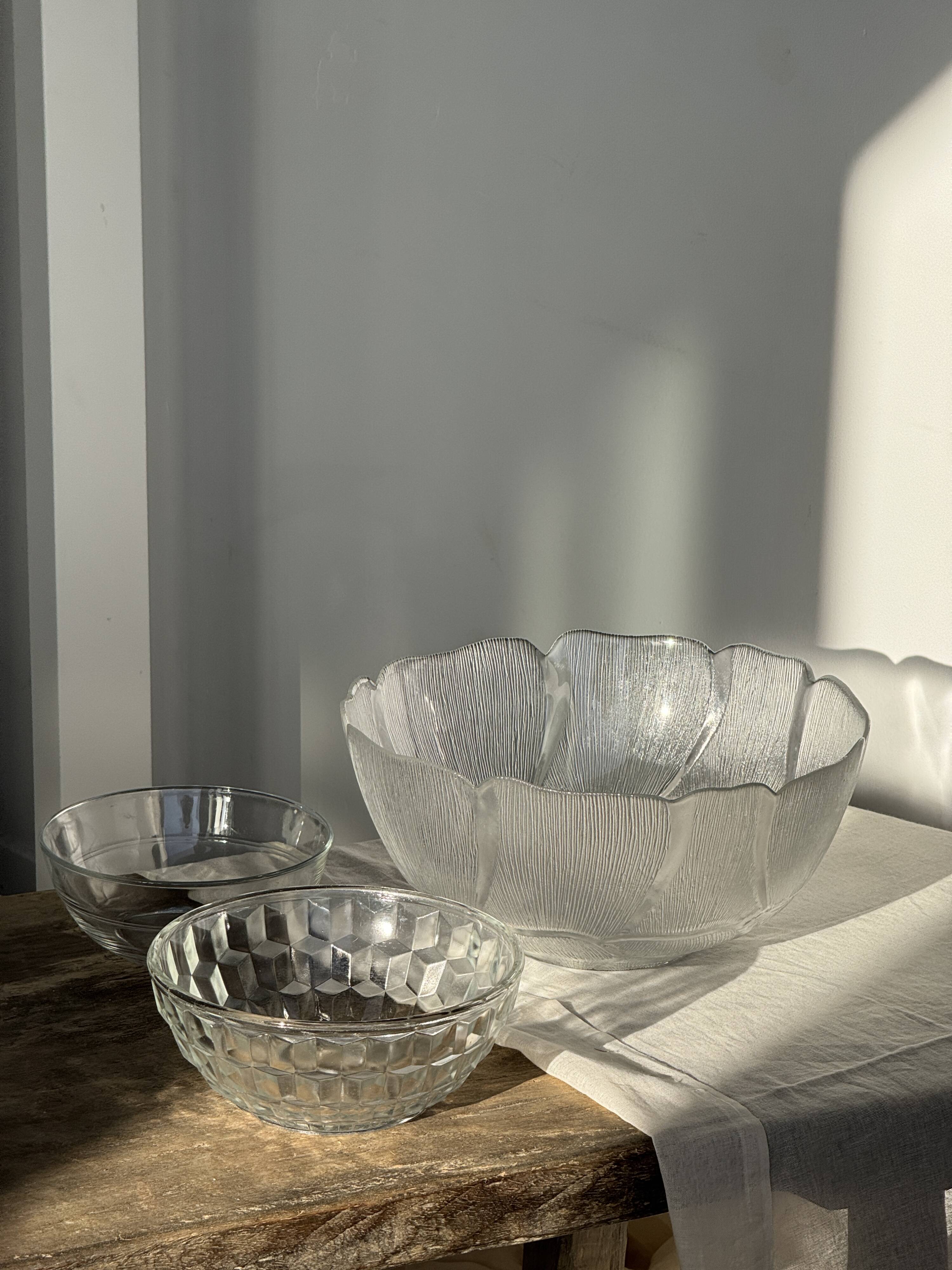 Small vintage glass bowl with a cube pattern.