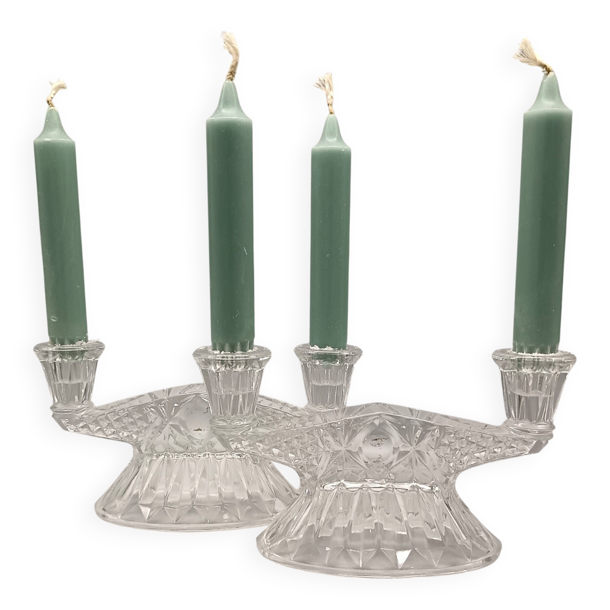 Pair of vintage clear glass candelabras, 2 branches, 1960s