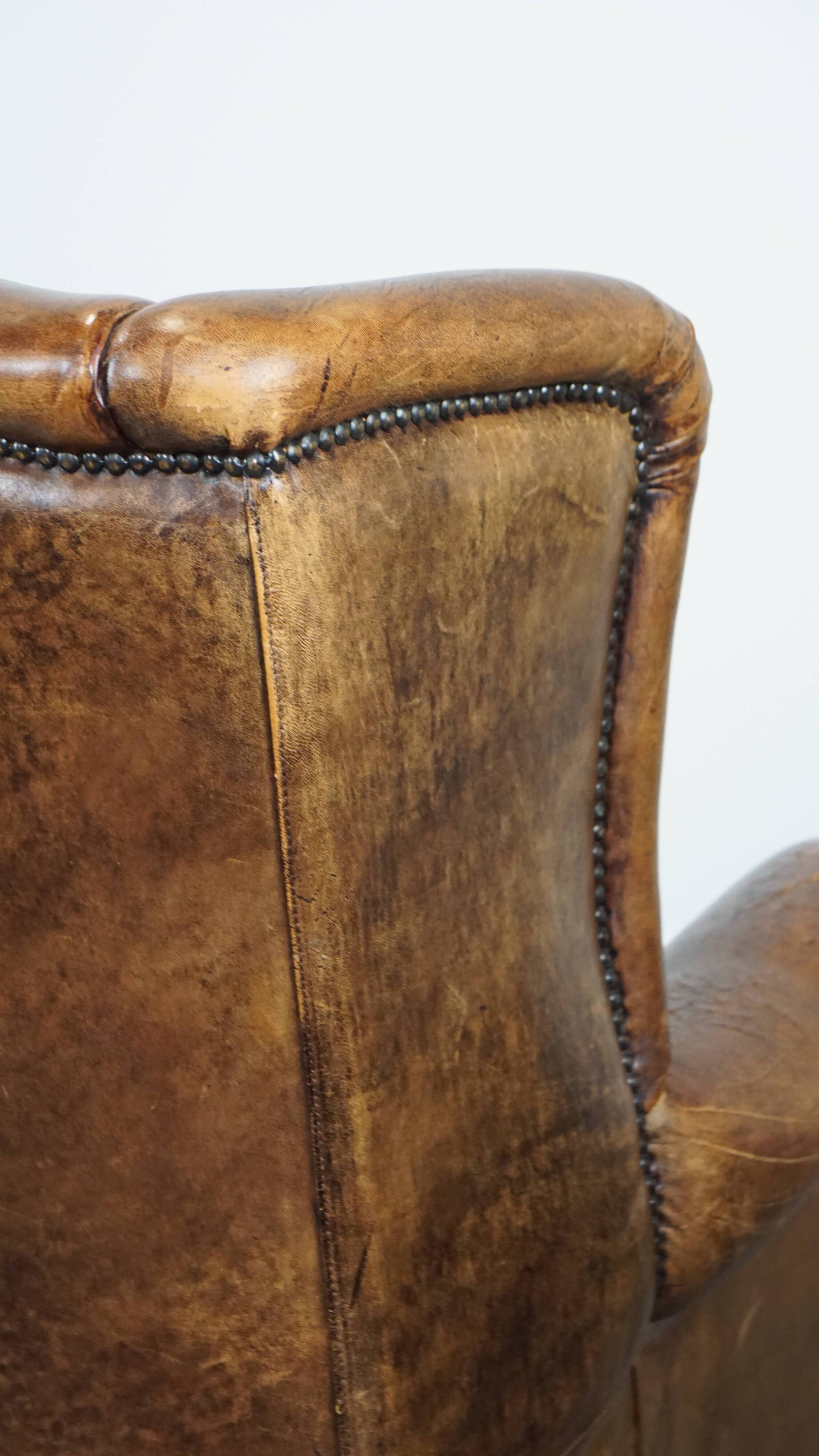Large Vintage English-Style Sheepskin Leather Wingback Armchair