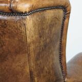 Large Vintage English-Style Sheepskin Leather Wingback Armchair