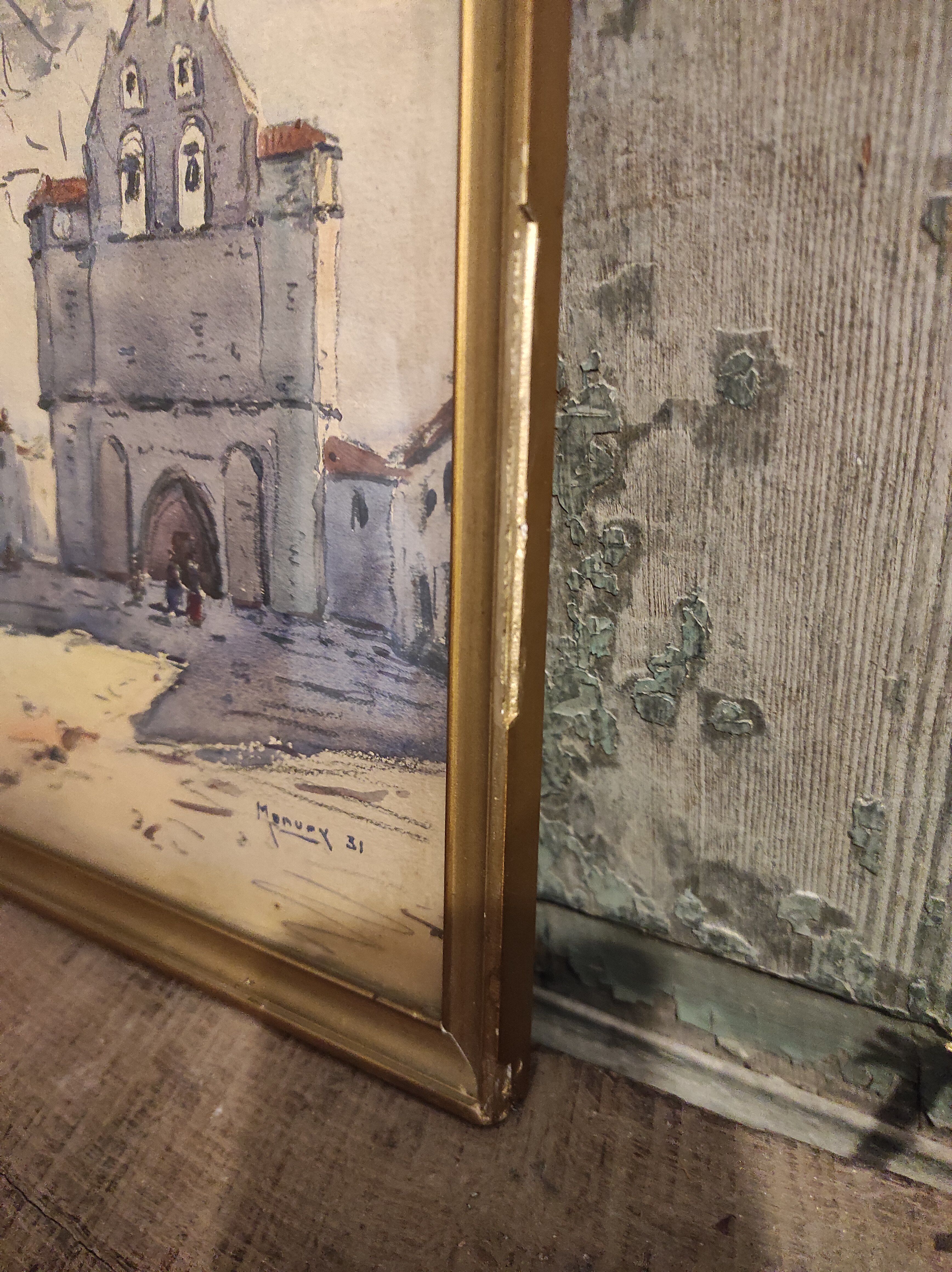 Vintage French watercolour of a village with a church, signed, from 1931