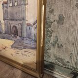 Vintage French watercolour of a village with a church, signed, from 1931