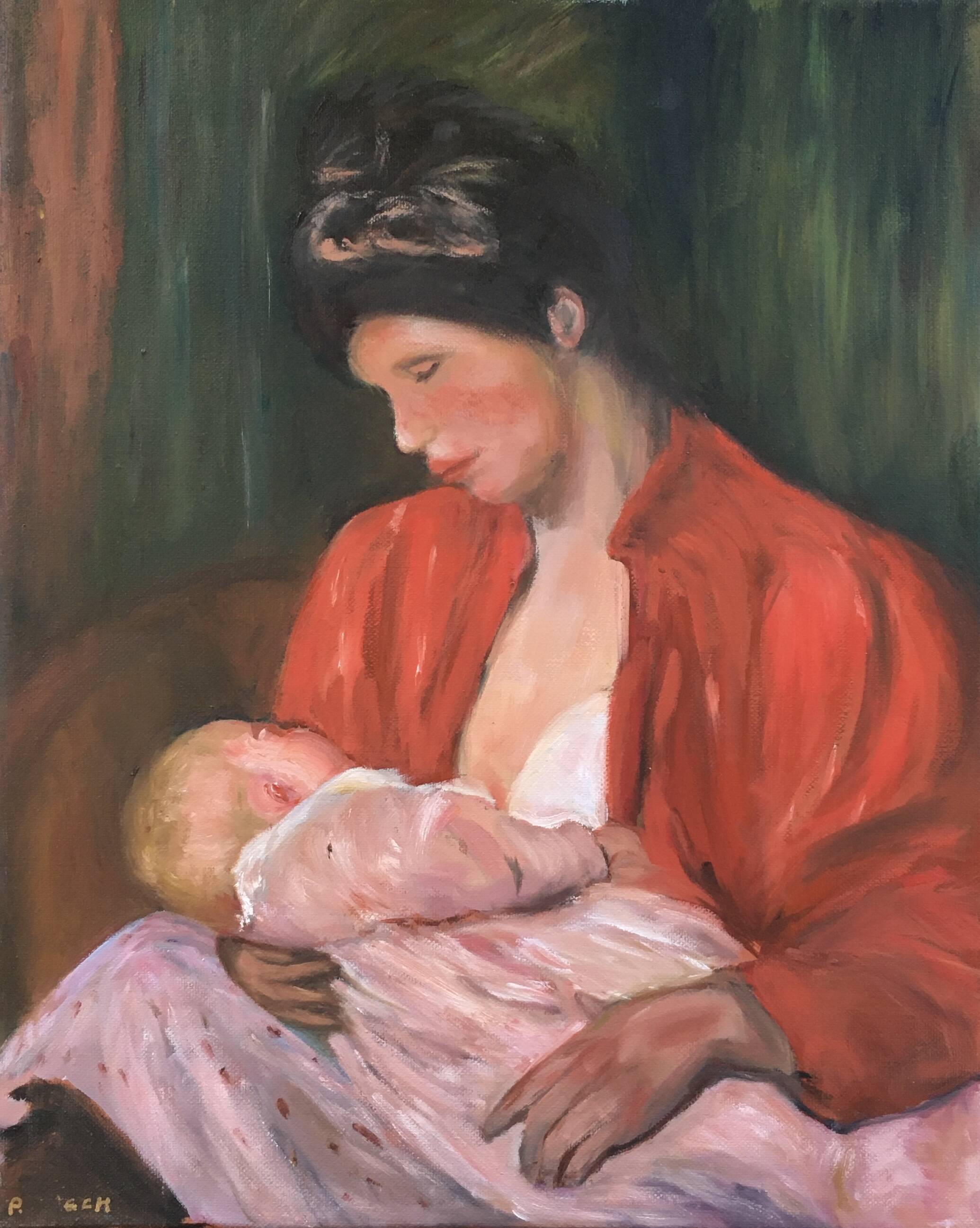 Painting woman breastfeeding her child