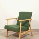 Fauteuil vintage Boucle verte bois naturel après rénovation