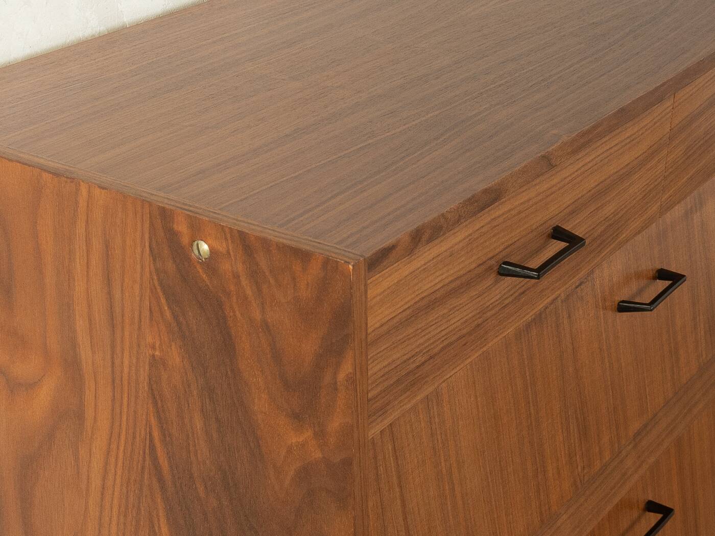 Classic shoe cabinet from the 1960s, walnut veneer, four drop-down doors, two drawers