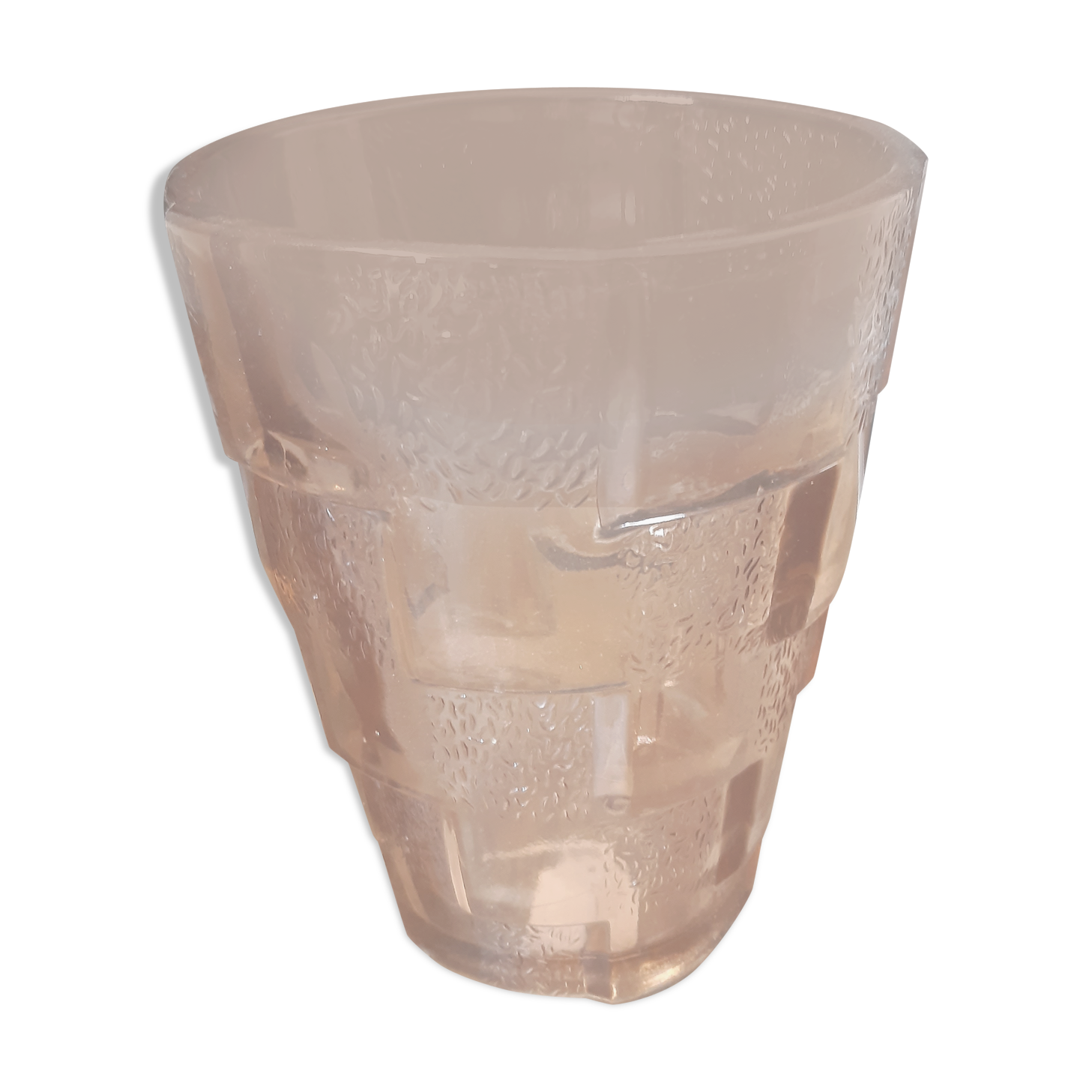 Molded vase, vintage, glass, pink, reliefs, geometric patterns
