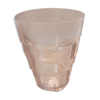 Molded vase, vintage, glass, pink, reliefs, geometric patterns