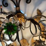 Extra Large Italian Tole Wall Light Sconce with Murano Glass Flowers
