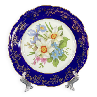 Décor d’assiette de collection porcelaine Limoges Or & Bleu Cobalt. Rehausse Main Limoges France.