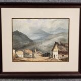 Charming late 19th-century watercolor depicting a peaceful mountain village