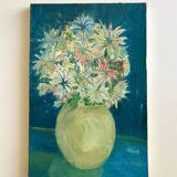 tableau / huile sur toile nature morte bouquet coloré années 50