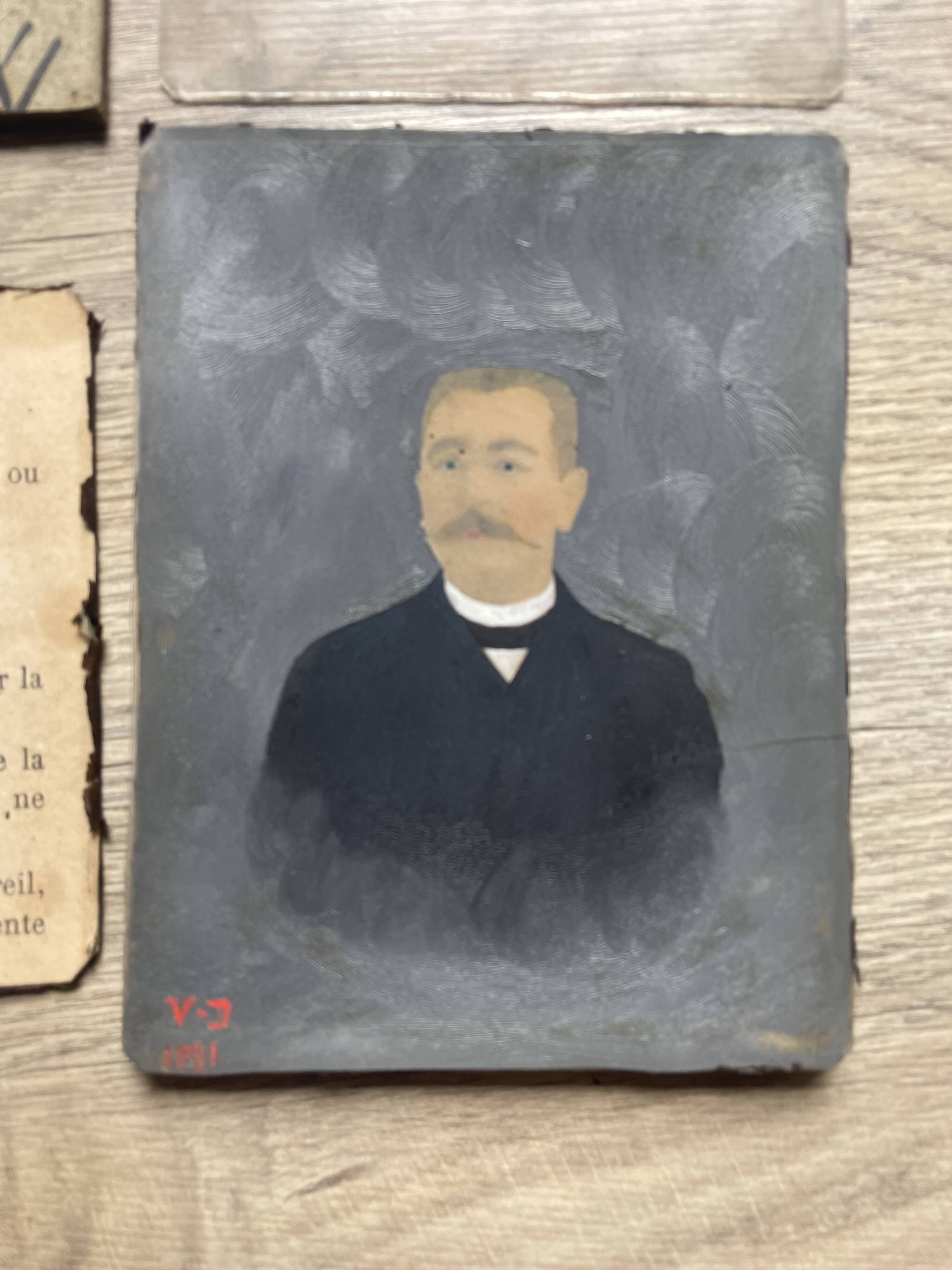 Portrait, photograph, ambrotype, hand painted, 19th century, signed EV, dated 1881, curved glass