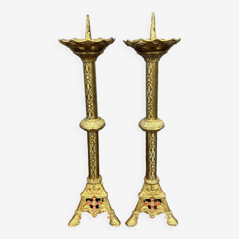 Pair of church candlesticks in bronze and gilded brass, 19th century
