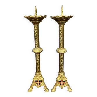 Pair of church candlesticks in bronze and gilded brass, 19th century