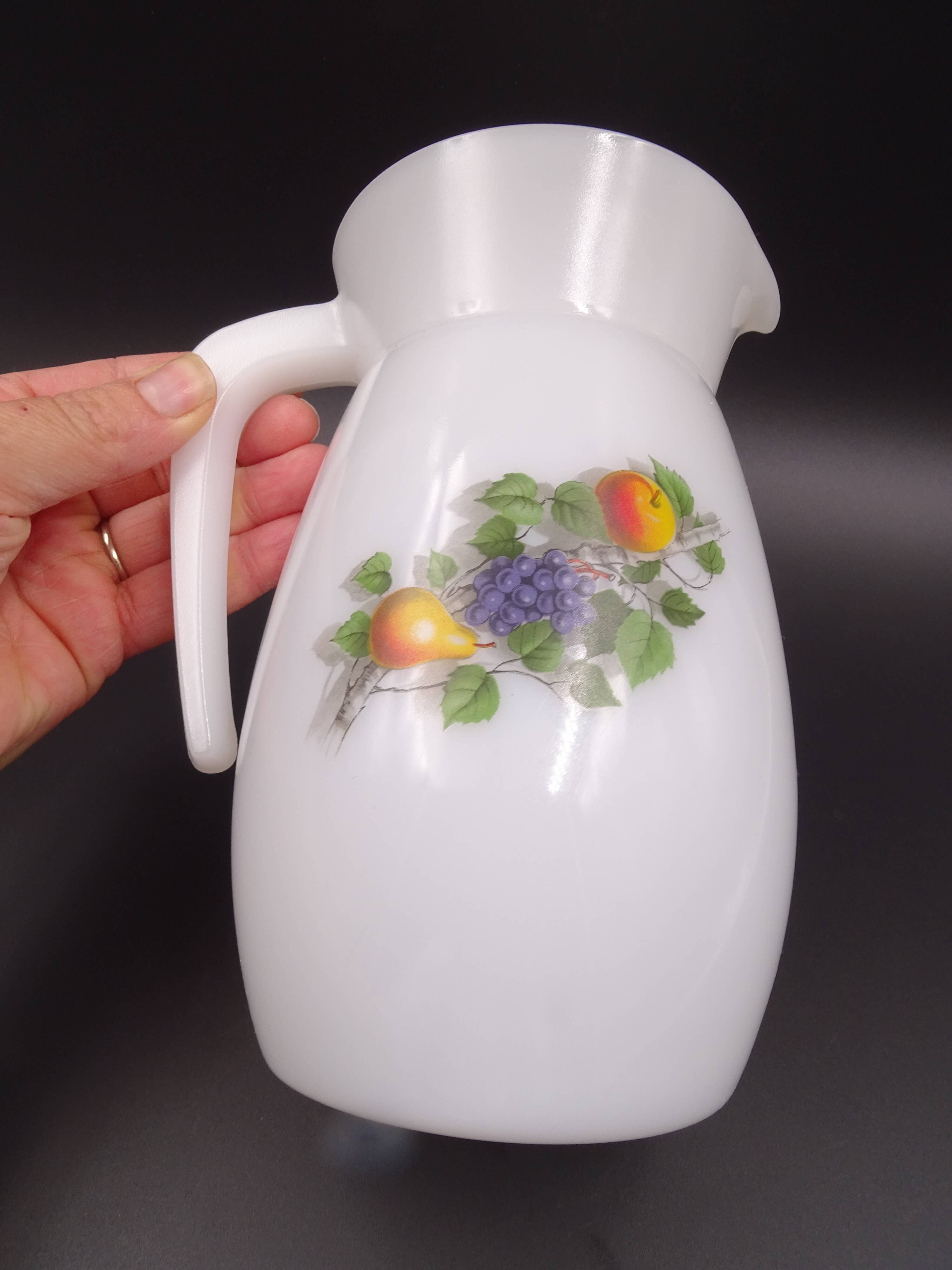 Pitcher or broc in opaline Arcopal fruit décor 1970