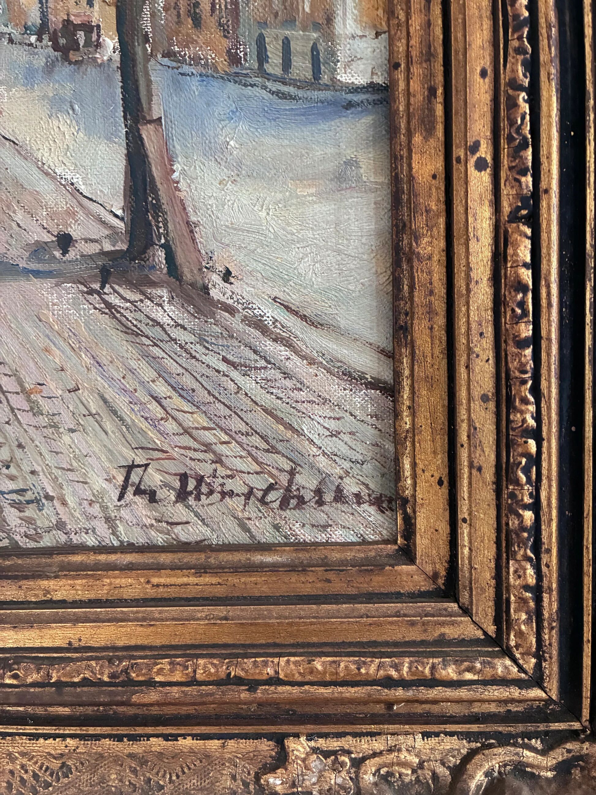 Vintage original Scandinavian harbor oil painting