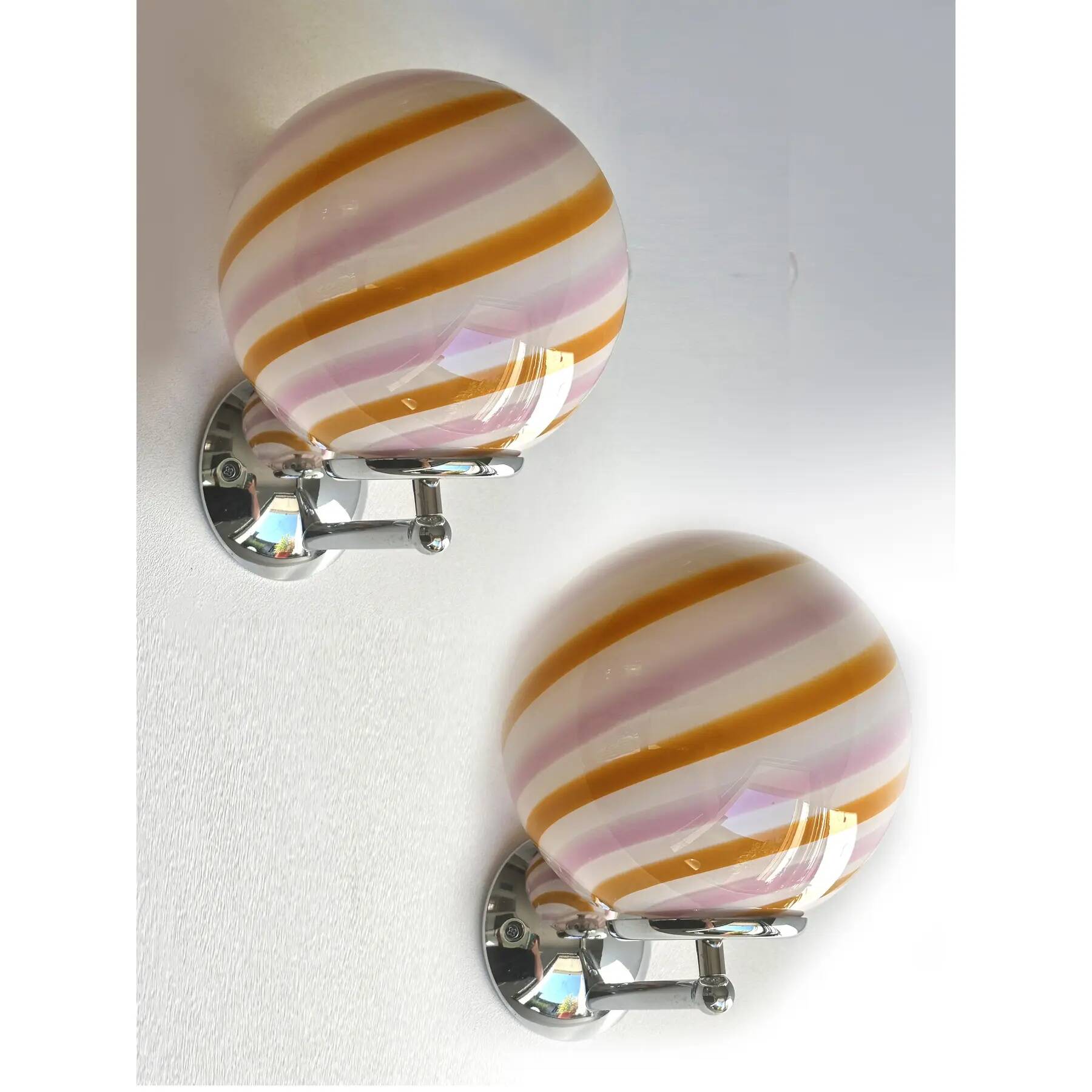 Set of Two Contemporary Amber and Pink "Rods" Murano Glass Wall Sconces