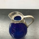 Former pitcher carafe art de blue moulded glass - vintage metal anse