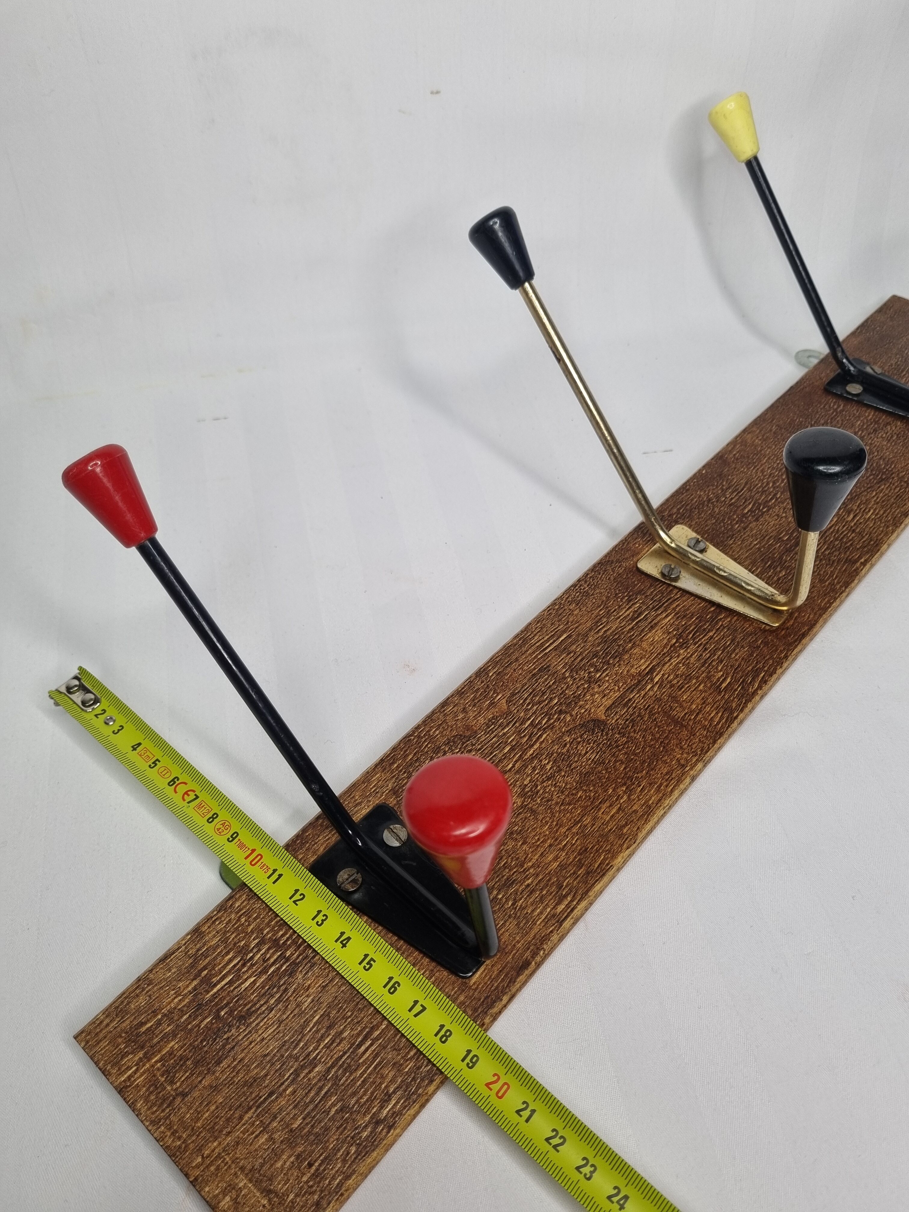 Vintage coat rack, three double tricolor hooks, 50-60s, 53 cm