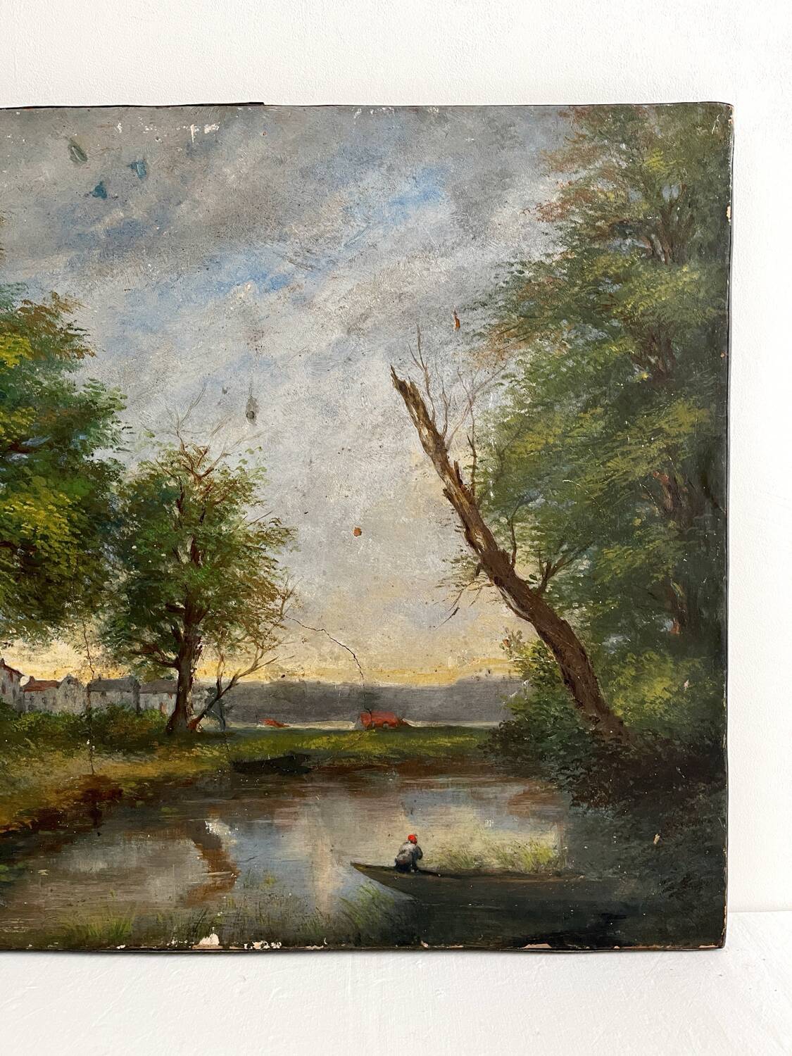 Old oil painting on canvas of a landscape by the pond.