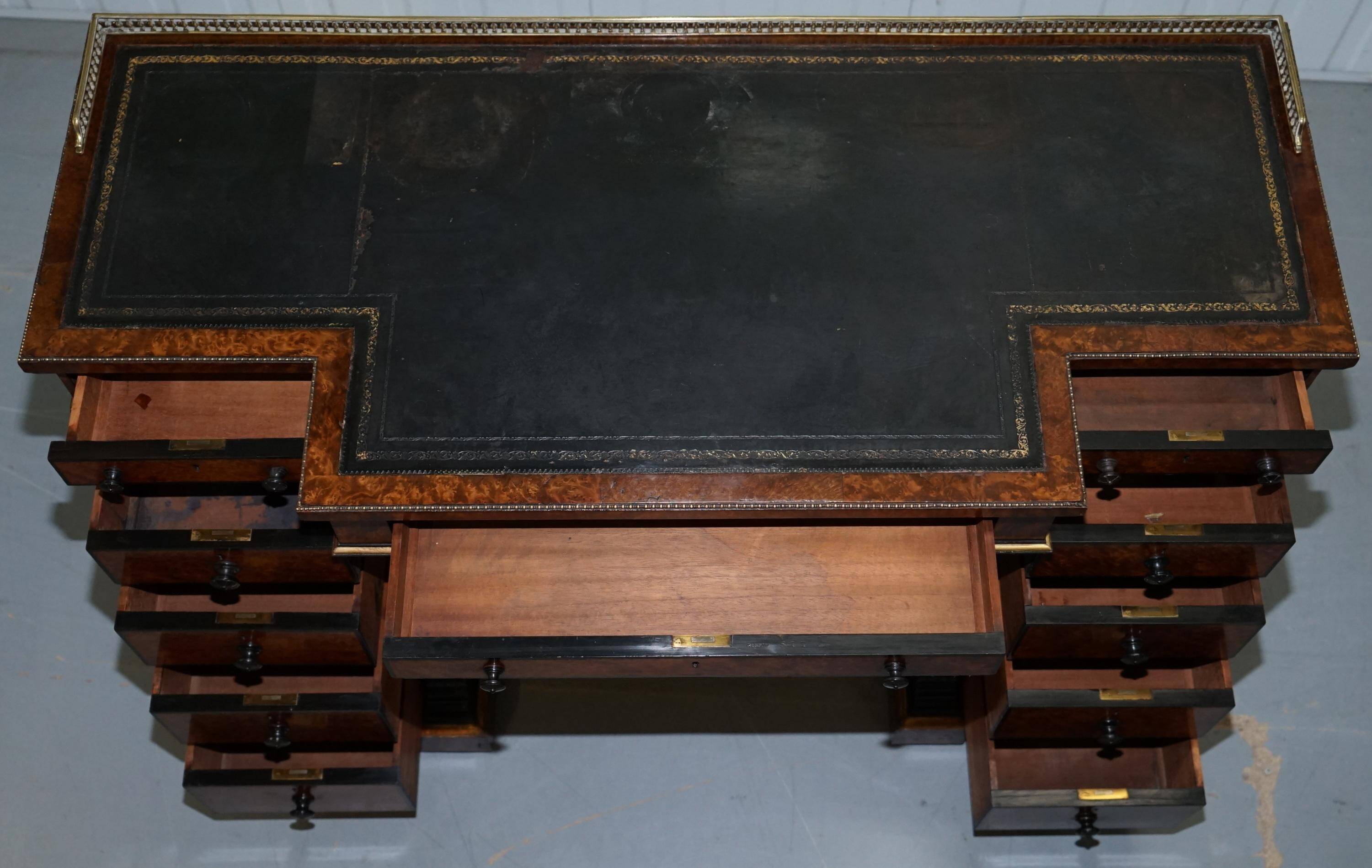 Gillow Library Desk in Burr Amboyna with Brass Gallery, circa 1852-1857
