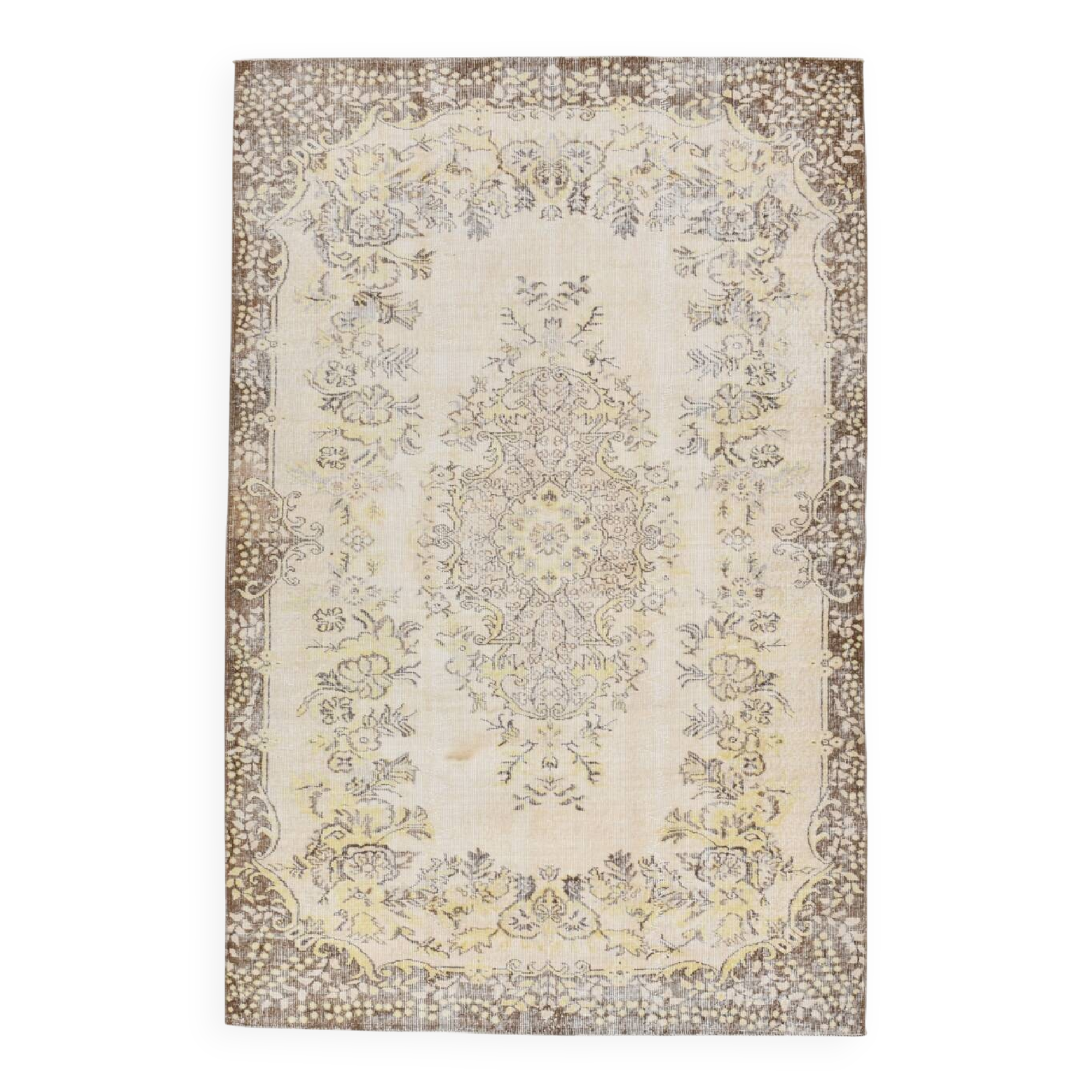6x9 Vintage Ivory & Pastel Yellow Handmade Wool Persian Area Rug,169x259 Cm