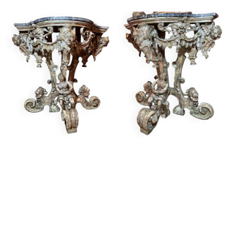 Italian Sculptural Silver Mecca Gilding Console Tables, Set of 2
