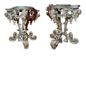 Tables console en argent sculpté italien avec dorure Mecca, ensemble de 2