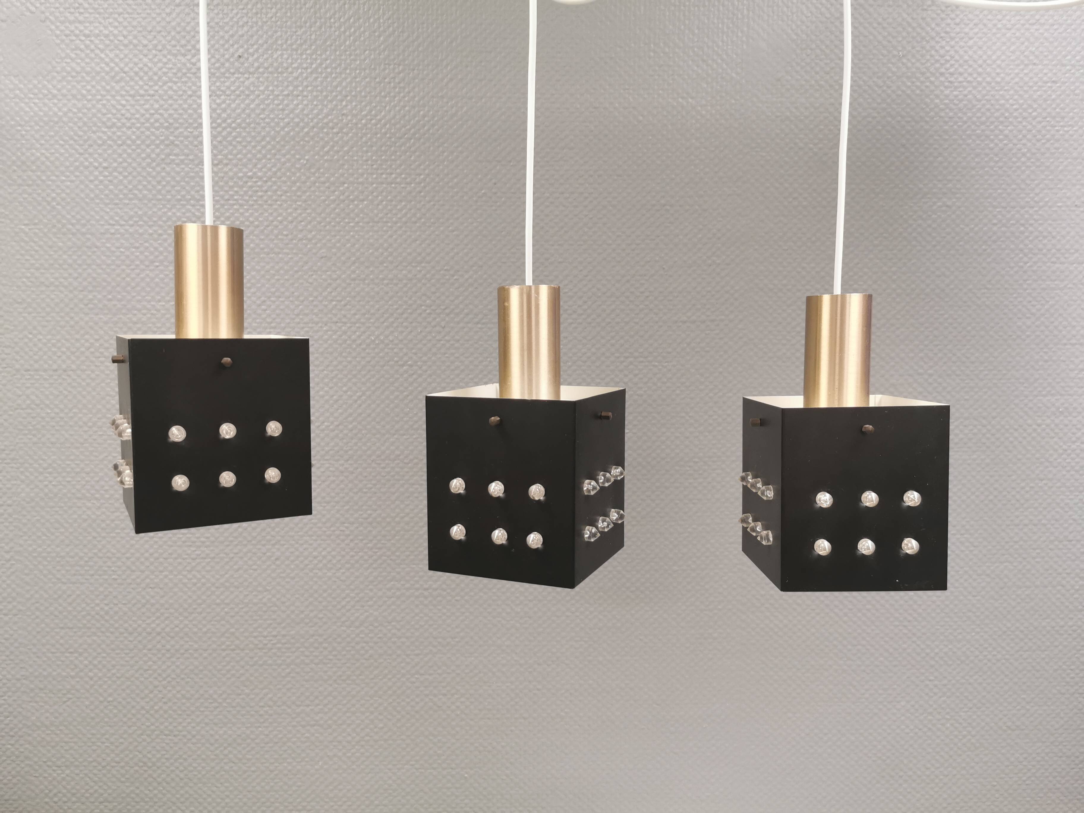 Three older square pendant lamps in Space-Age style, Denmark 1980s