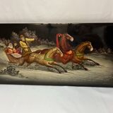 Peinture sur bois laqué Russie, Fedoskino, décor troïka datée 1987
