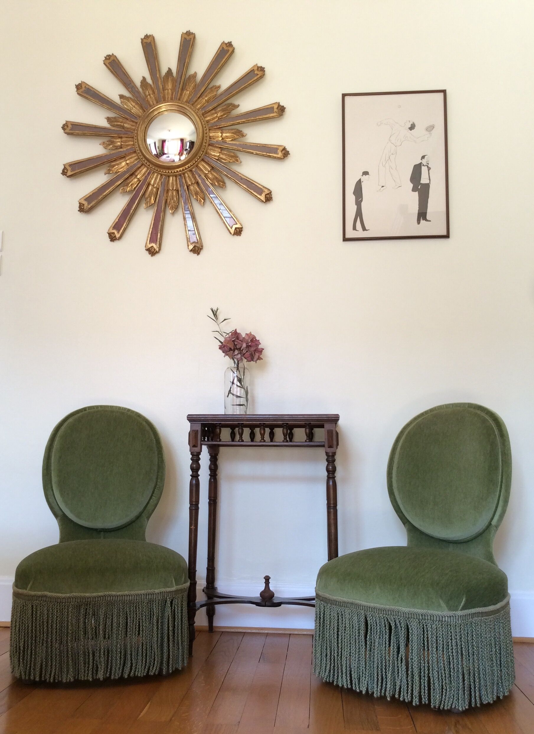 Pair of green velvet armchairs
