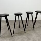 4 brutalist tripod bar stools, solid wood, 1950s