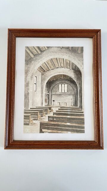 Tableau ancien aquarelle intérieur chapelle sur papier