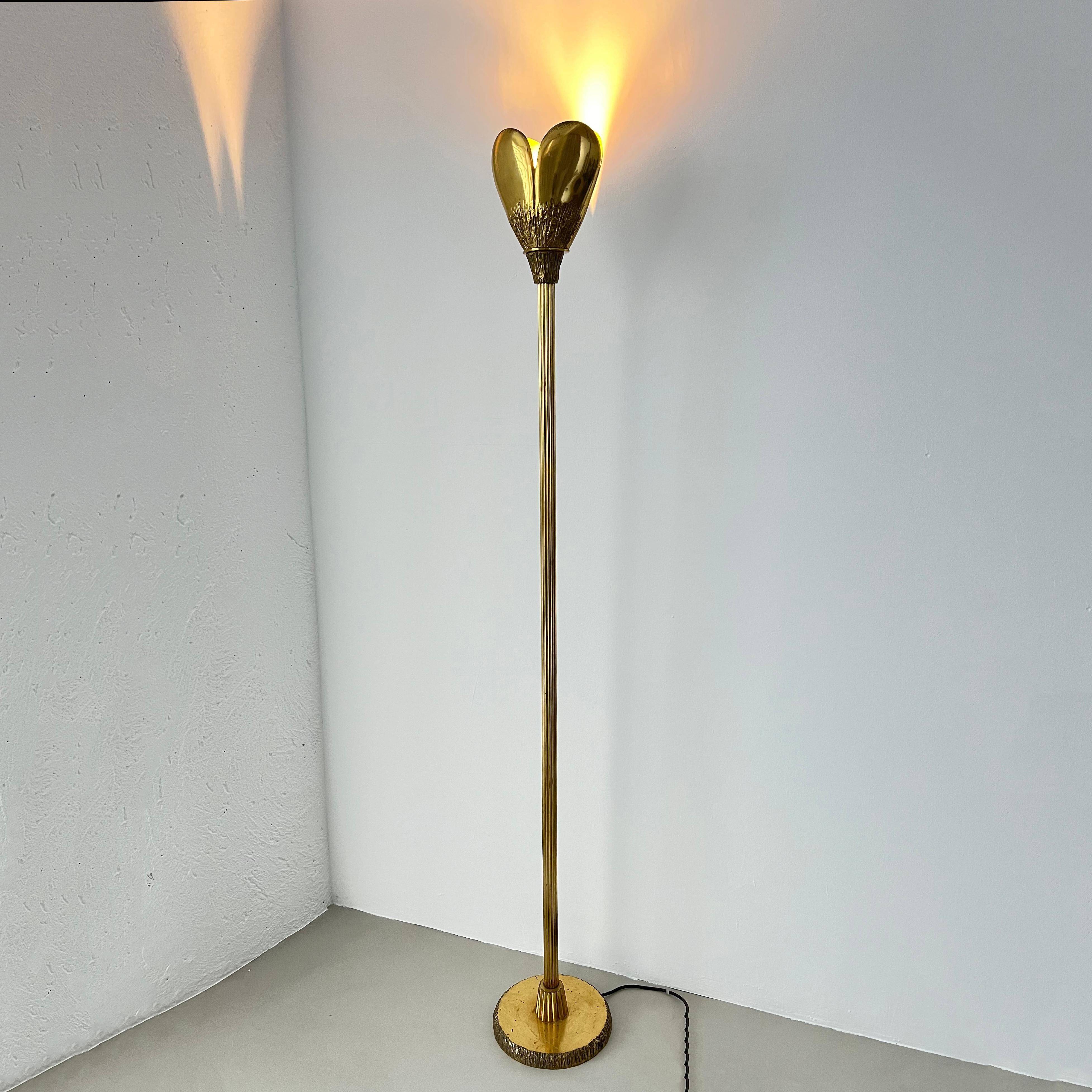 Vintage 50s Italian brass sculptural floor lamp, heart shaped shade, bark finish