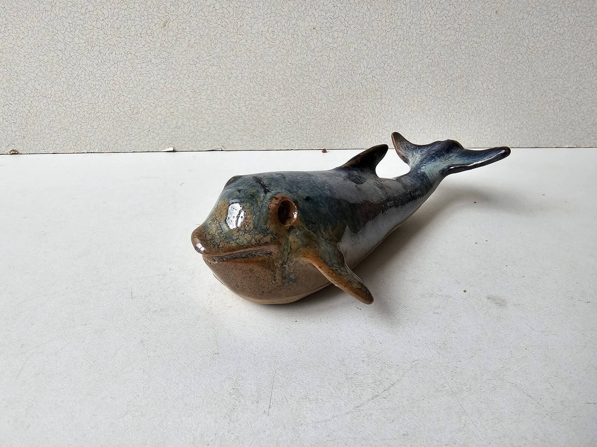 Blue ceramic whale sculpture signed (Signature to be identified)