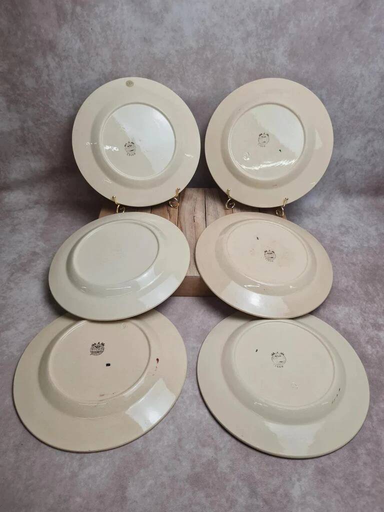 Set of 6 flat plates Boch La Louvière Belgium model 2460 with polychrome cherry decoration.