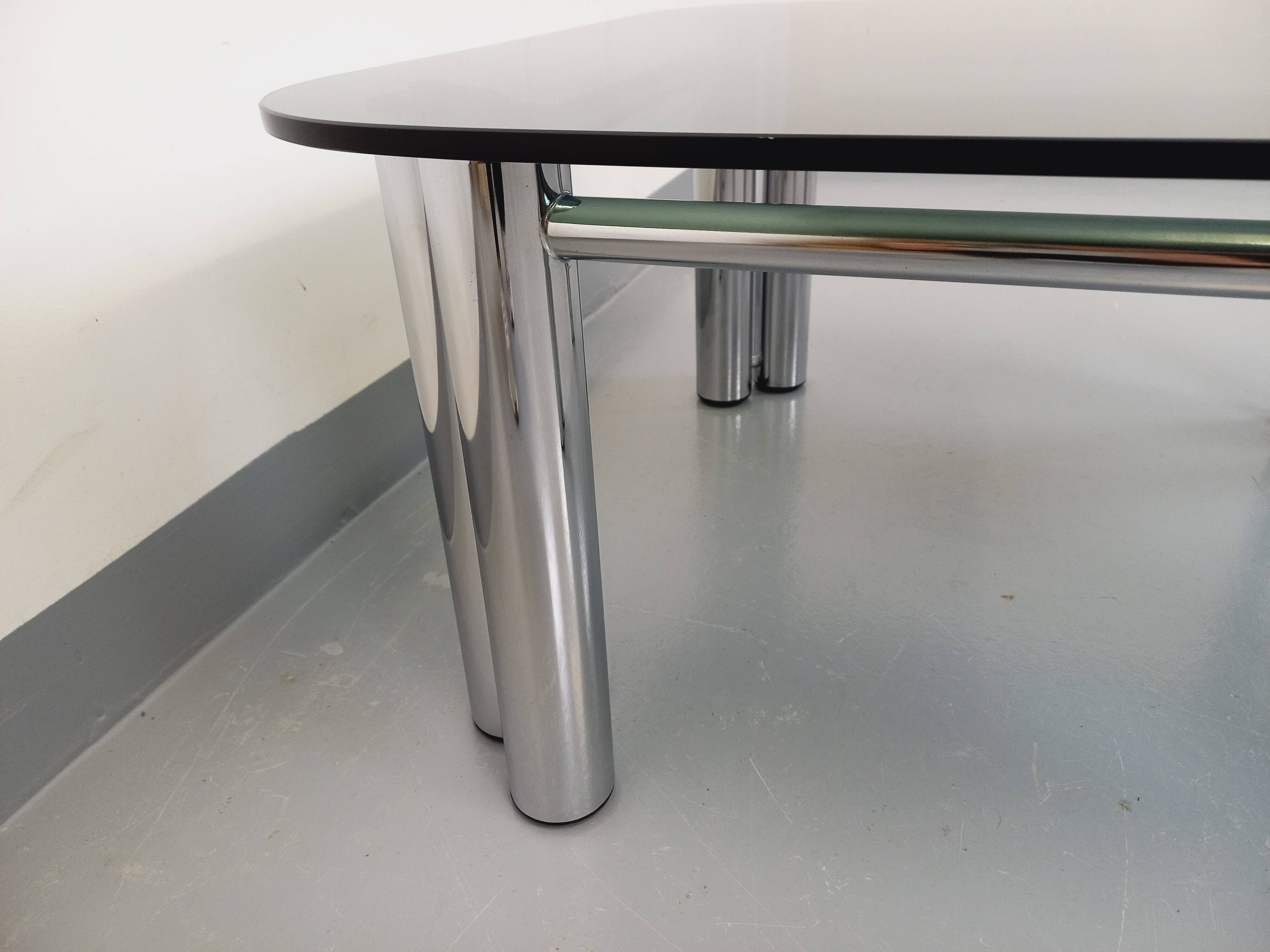 Vintage Italian Space Age square coffee table in smoked glass and chrome metal