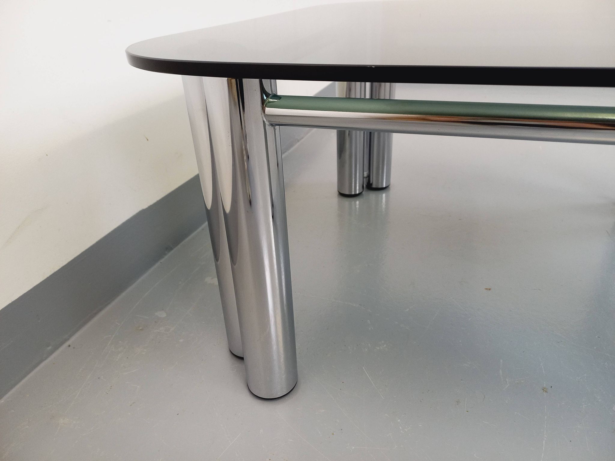 Vintage Italian Space Age square coffee table in smoked glass and chrome metal