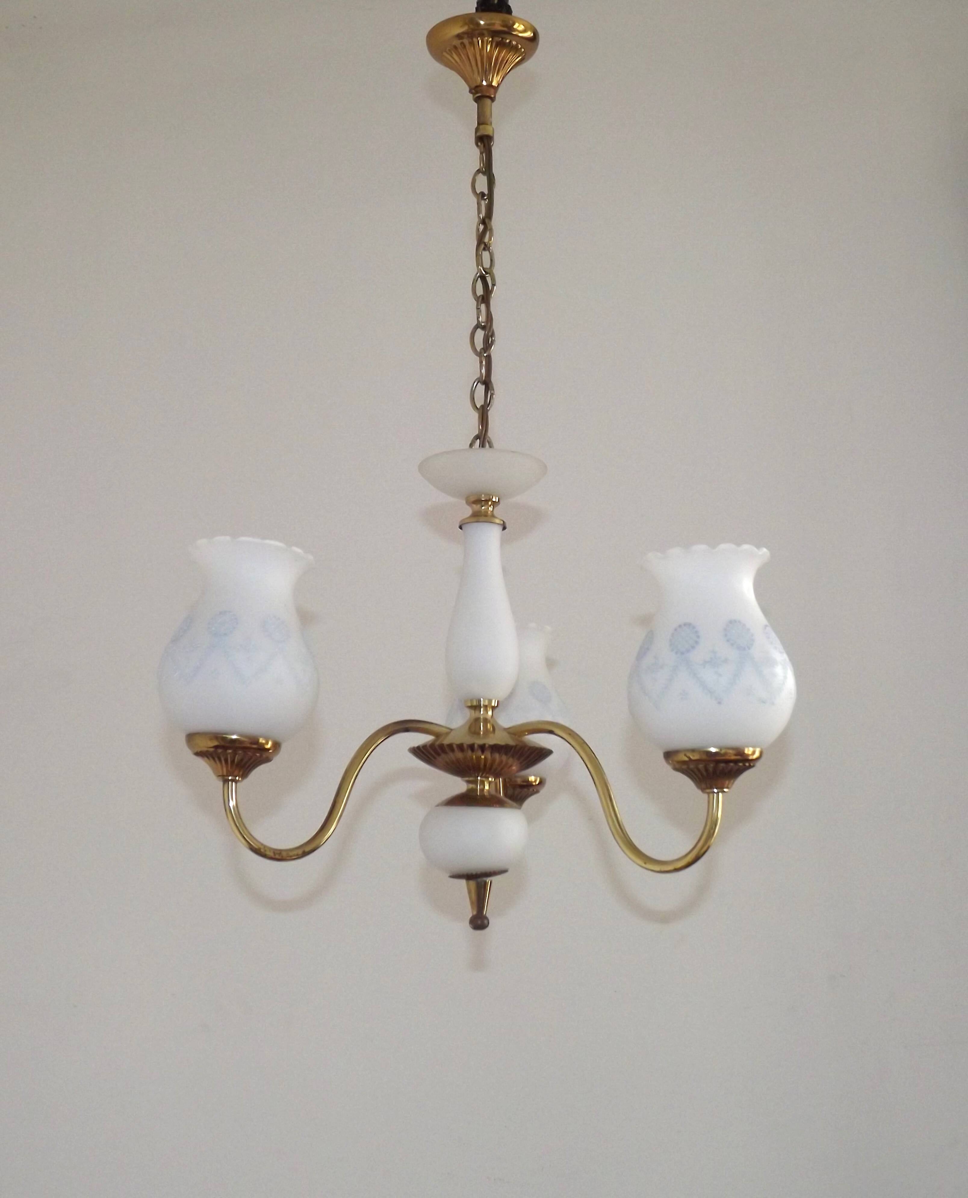 3 Light Vintage French Chandelier Gold Metal Glass Column & Decorated Shade