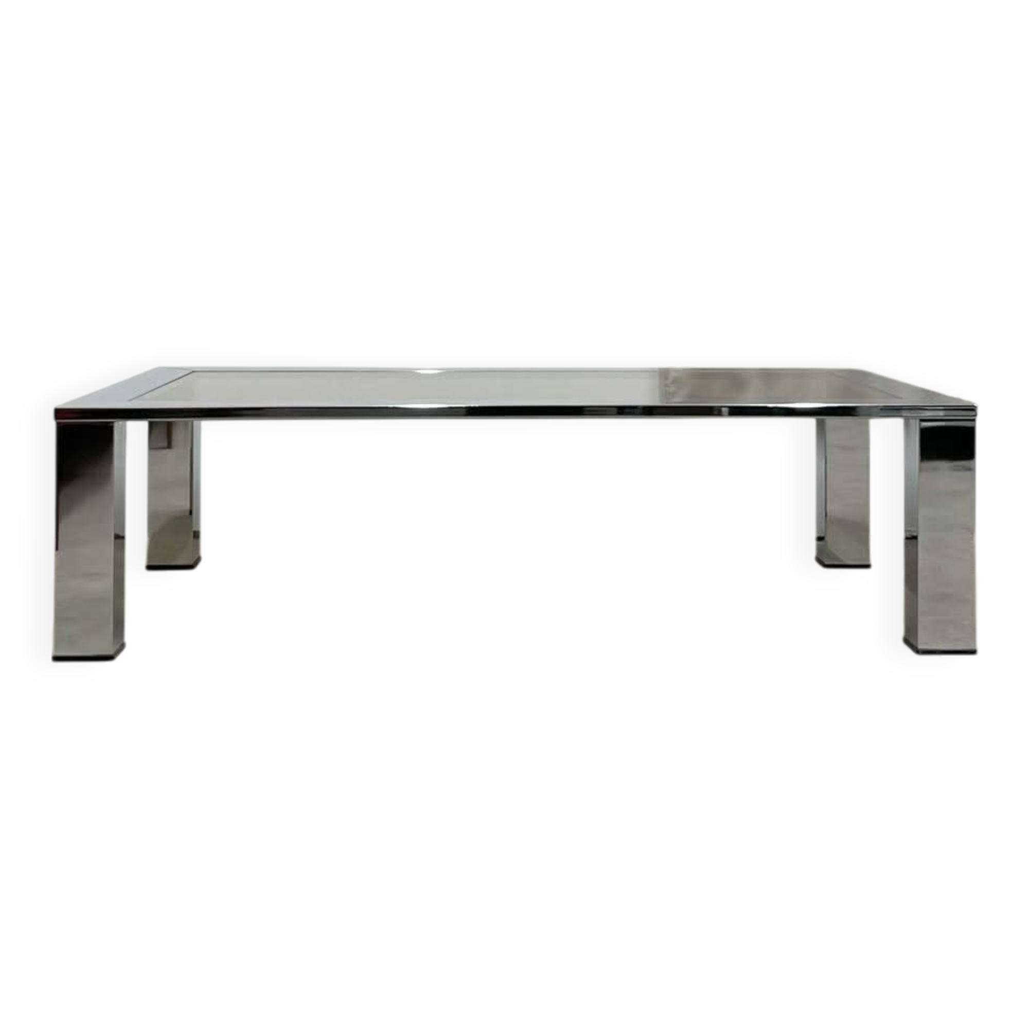Rectangular coffee table in chromed metal and smoked glass, circa 1970