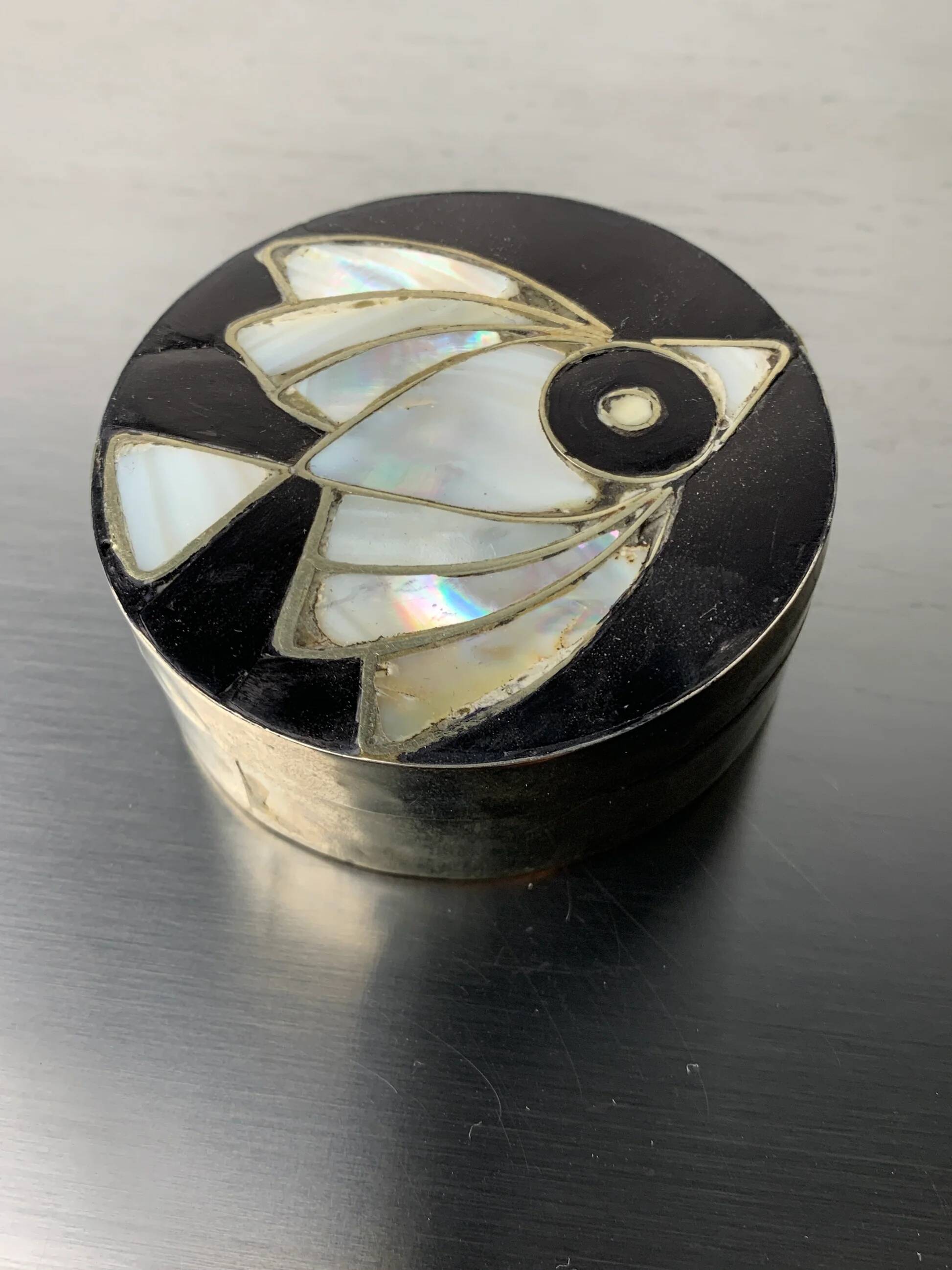 Abalone shell & alpaca silver fish box, Mexico, 1970s