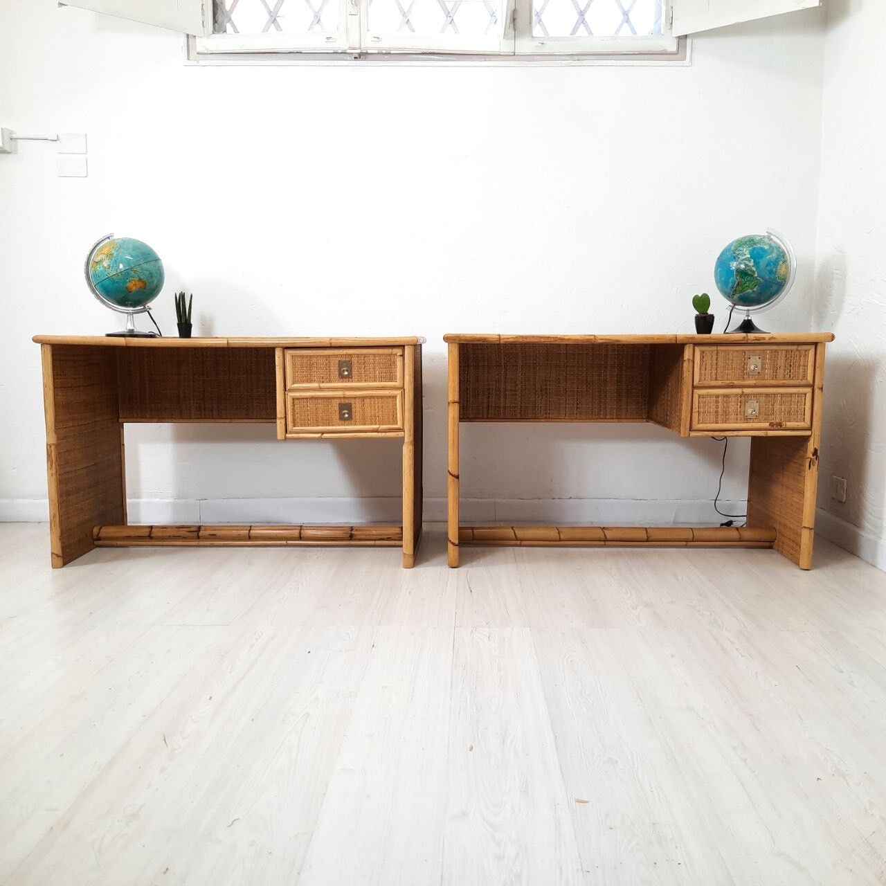 Pair of wicker and bamboo desks, Dal Vera, vintage