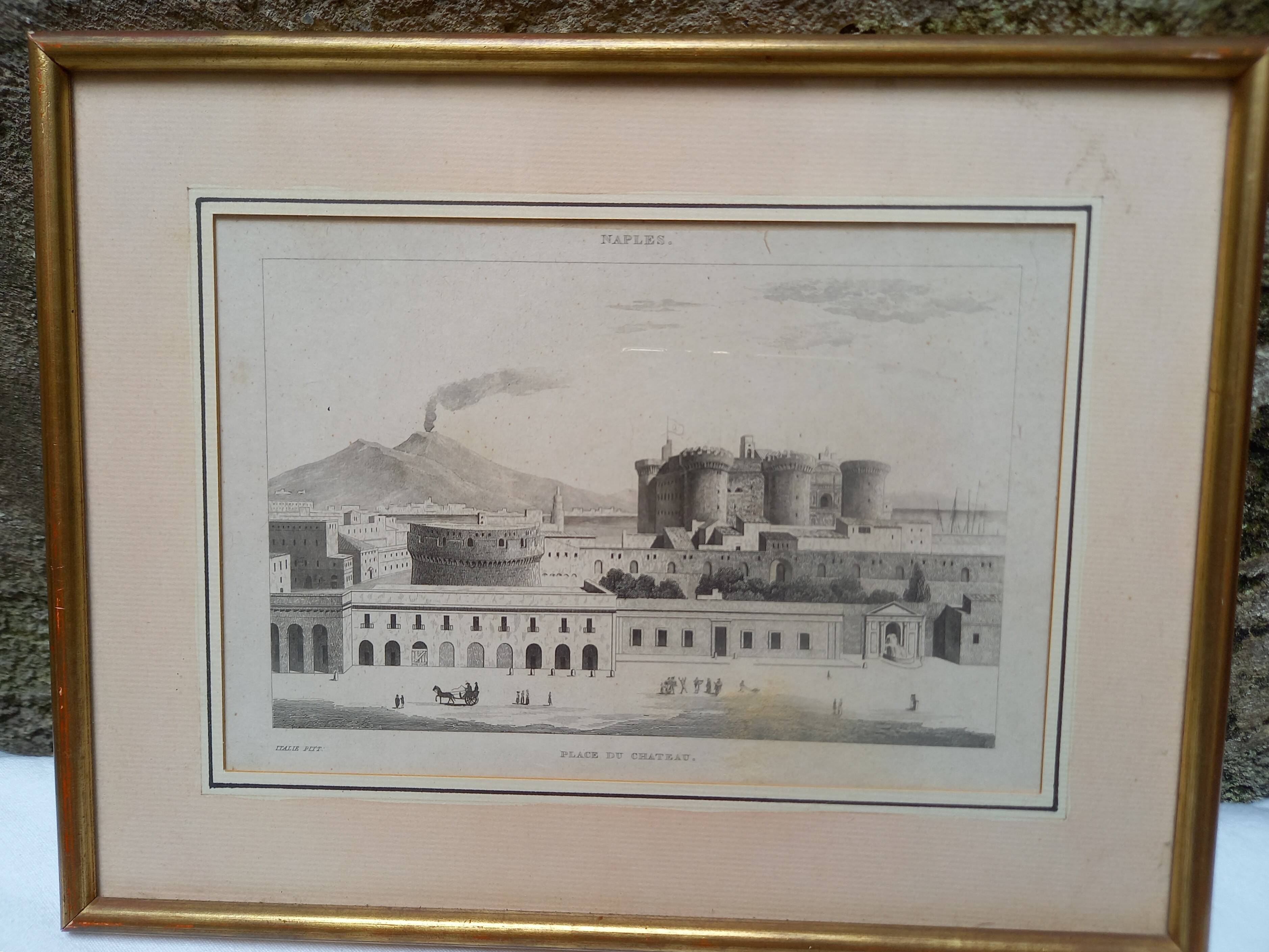 Antique engraving, Castle Square, Naples, Italy.