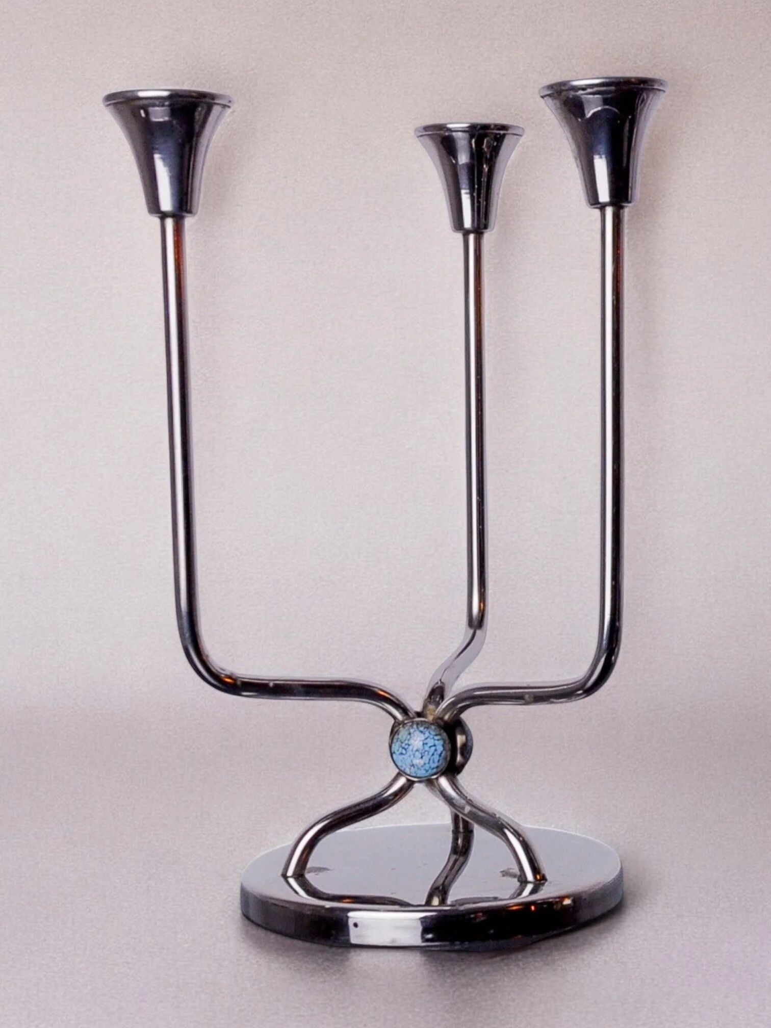 Art deco candlestick in stainless steel, 3 flames and blue stones, Spain, 1970
