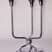 Art deco candlestick in stainless steel, 3 flames and blue stones, Spain, 1970