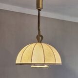 Large leather, vellum and brass Italian cocoon chandelier, Italy 1950s