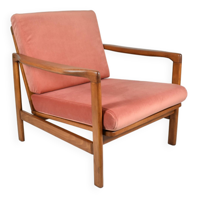 Fauteuil original scandinave Baczyk, années 1960, rénovation, rose, velours, teck