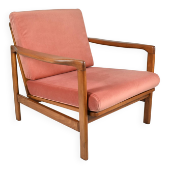 Fauteuil original scandinave Baczyk, années 1960, rénovation, rose, velours, teck